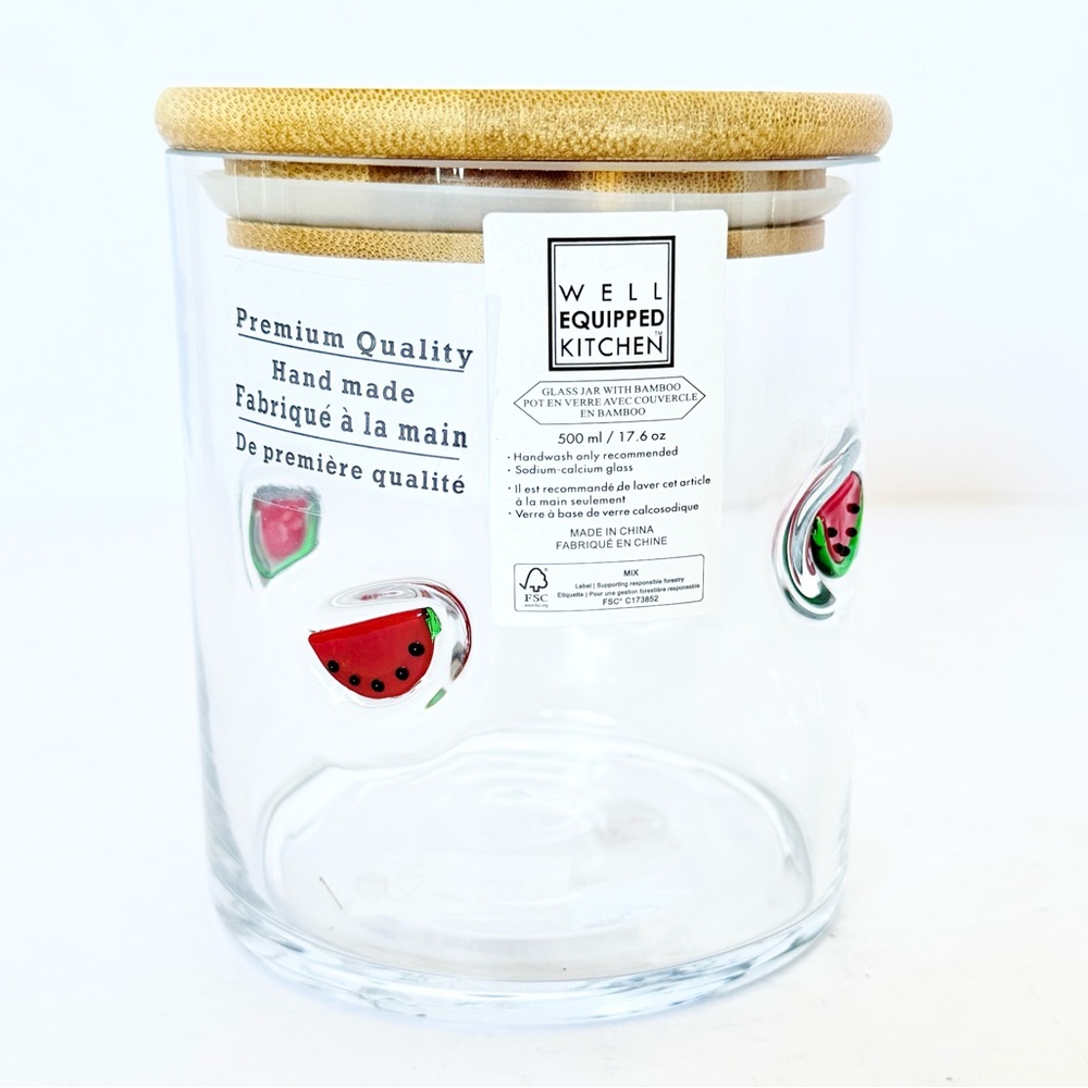 NWT Handblown Glass Storage Jar with Bamboo Lid– Watermelon Slice Design
